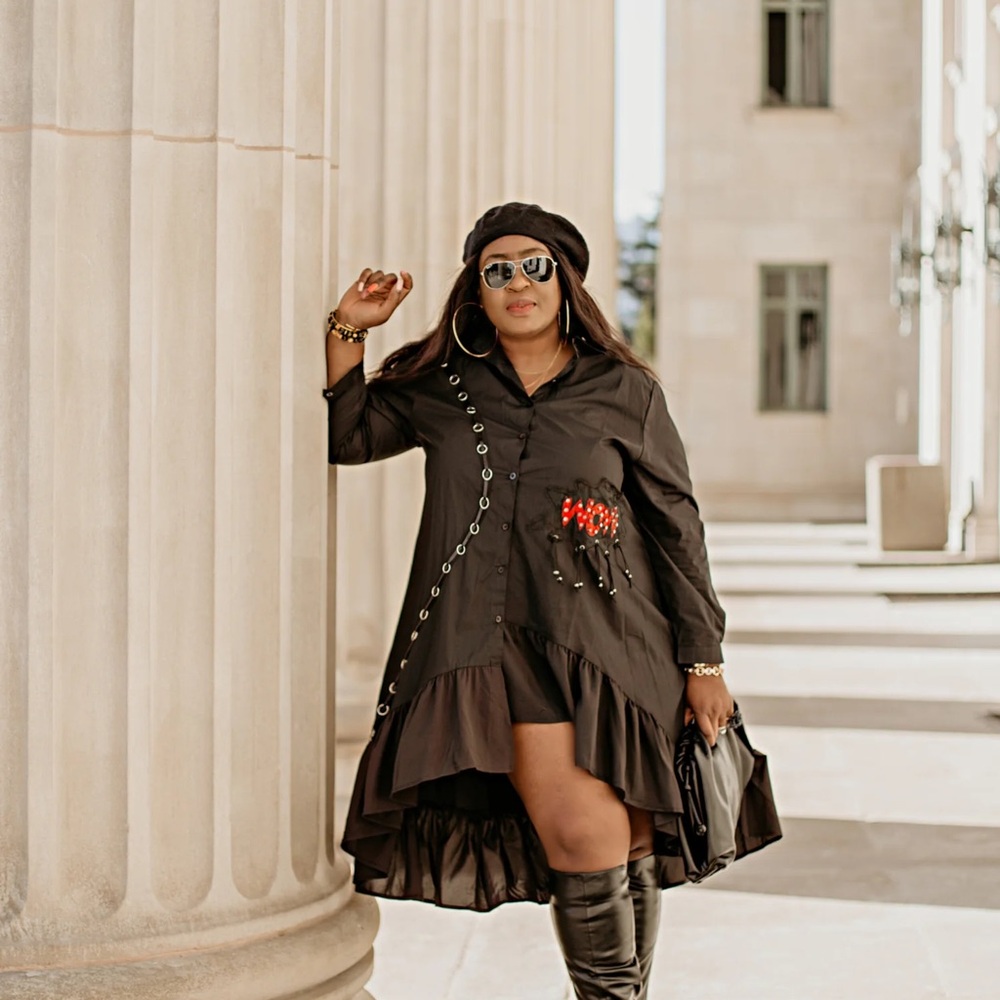 Chic Black Button-Up Dress with Red Accents